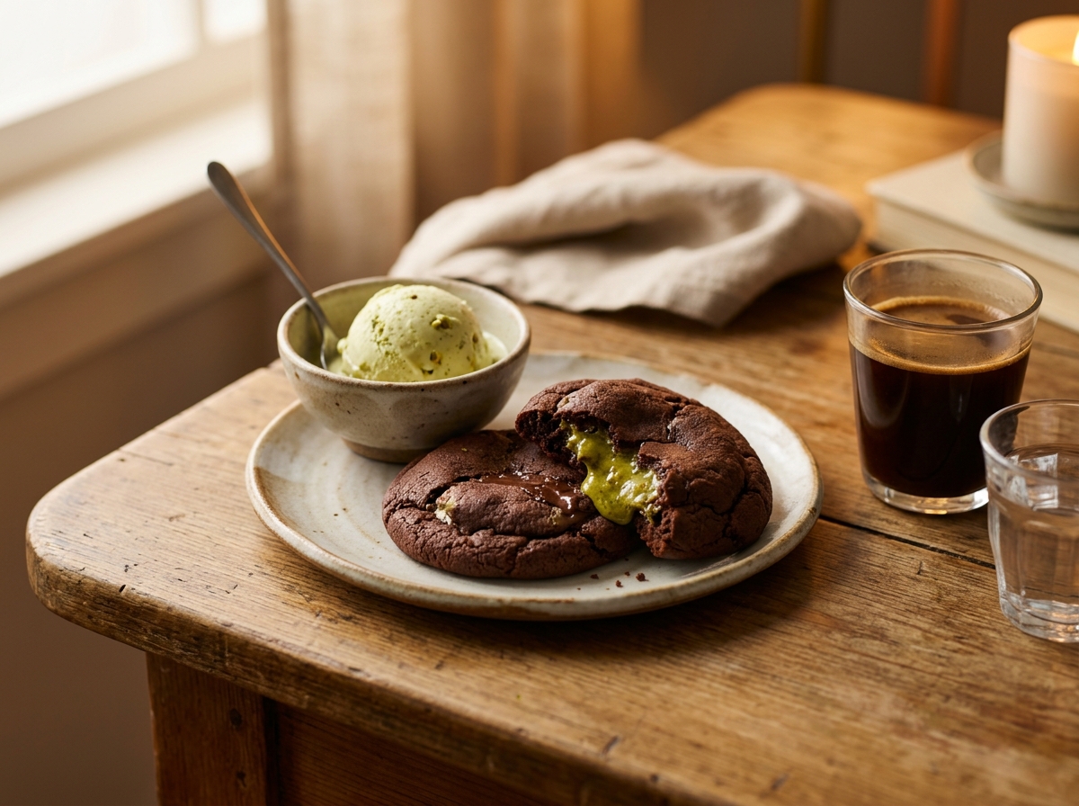 A warm cookie served with ice cream and coffee.