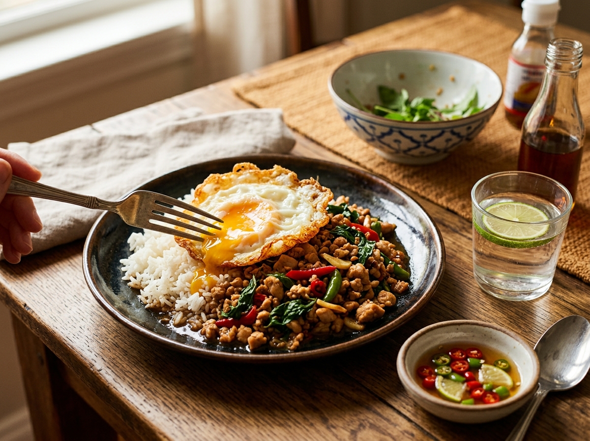 Pad kra pao served over rice with a fried egg on top.