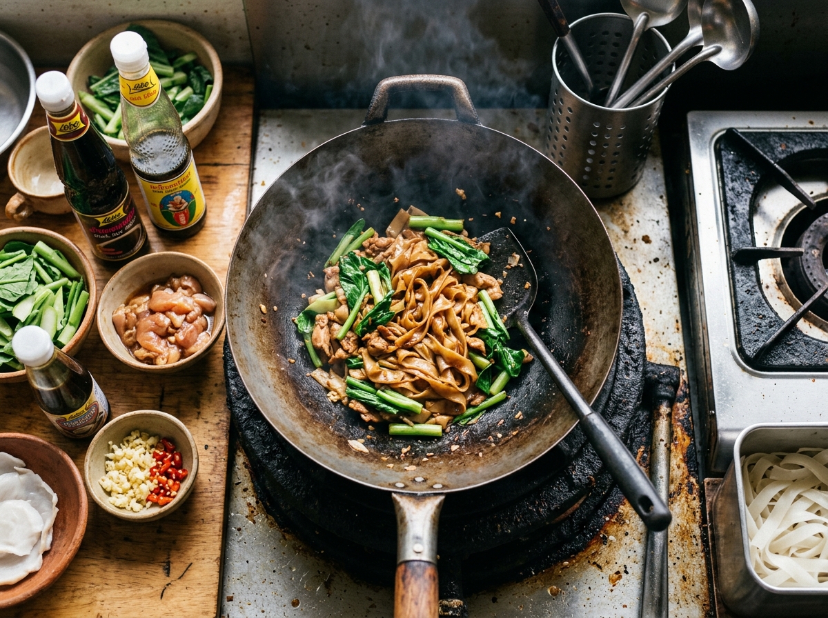 Wide rice noodles charring in a smoking hot wok.