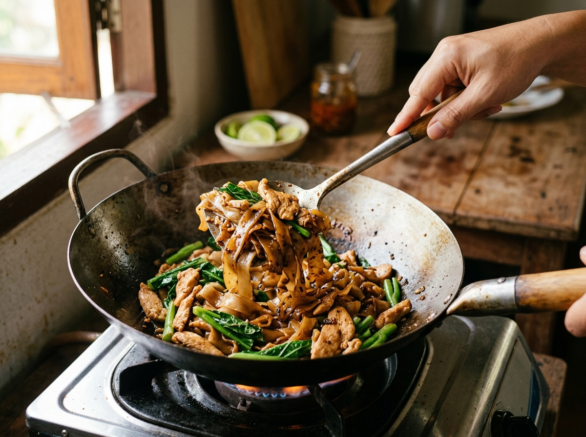 Cook wiping the wok clean between individual noodle portions.