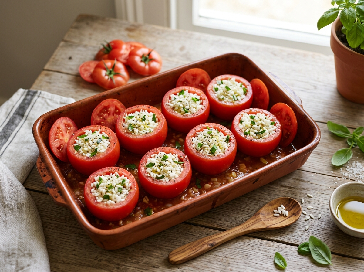 Ripe whole tomatoes with tops sliced off, ready for stuffing.