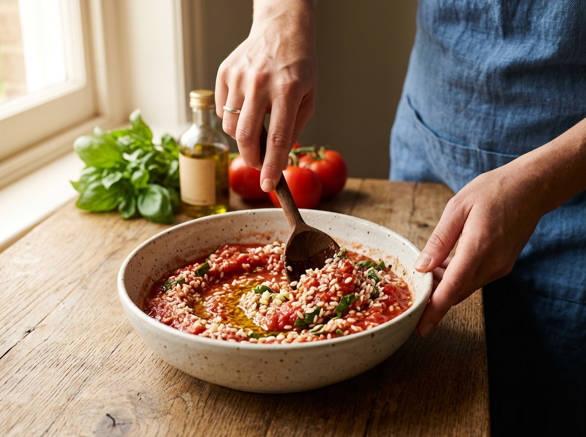 Rice and tomato pulp mixture chilling in a glass bowl.