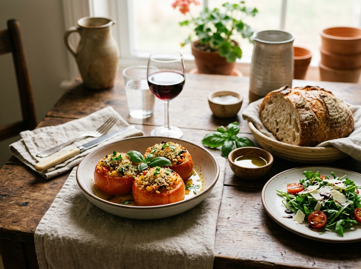 Baked stuffed tomatoes plated with fresh basil garnish.
