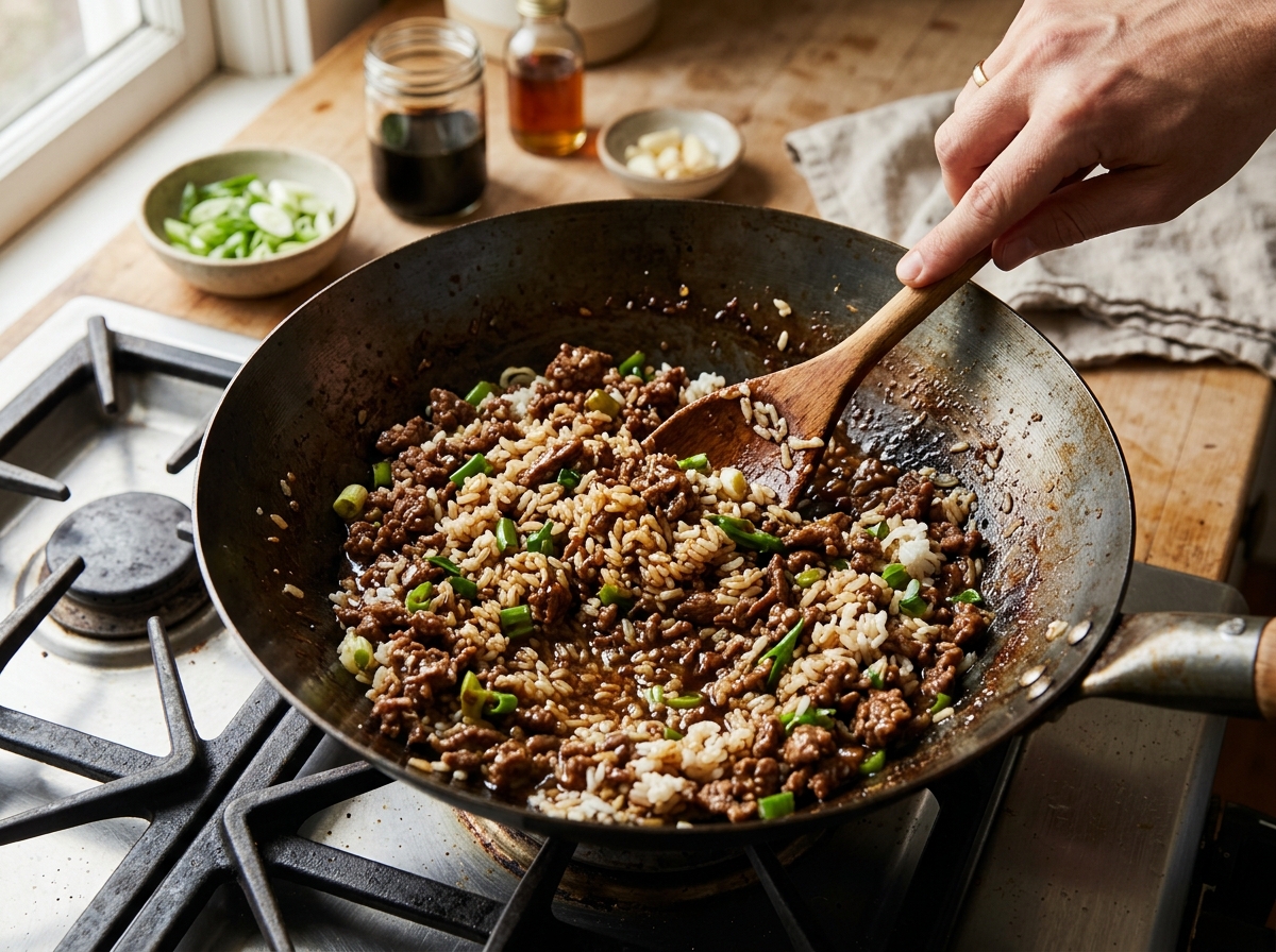 Skillet of browned ground beef, rice, and scrambled egg being tossed together.
