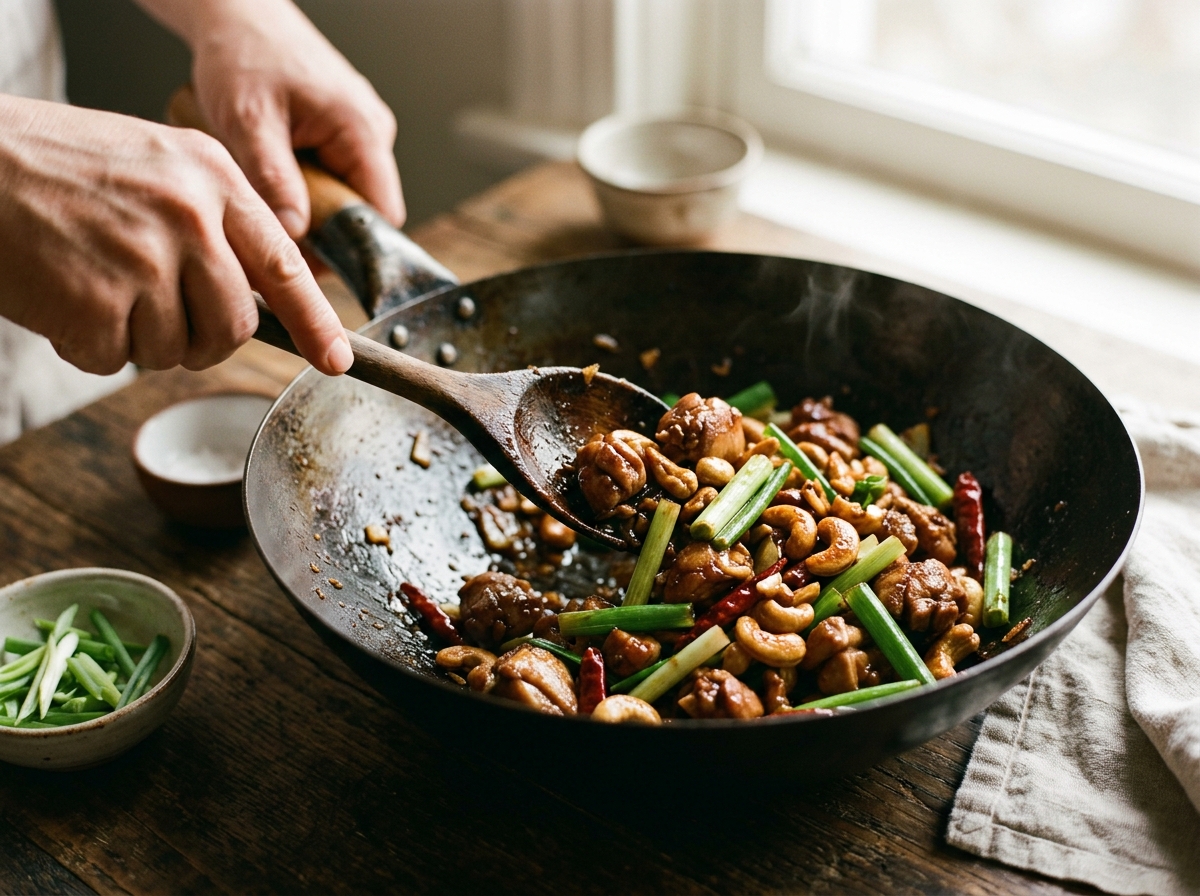 Close-up of day-old rice being tossed with soy sauce in a hot pan.