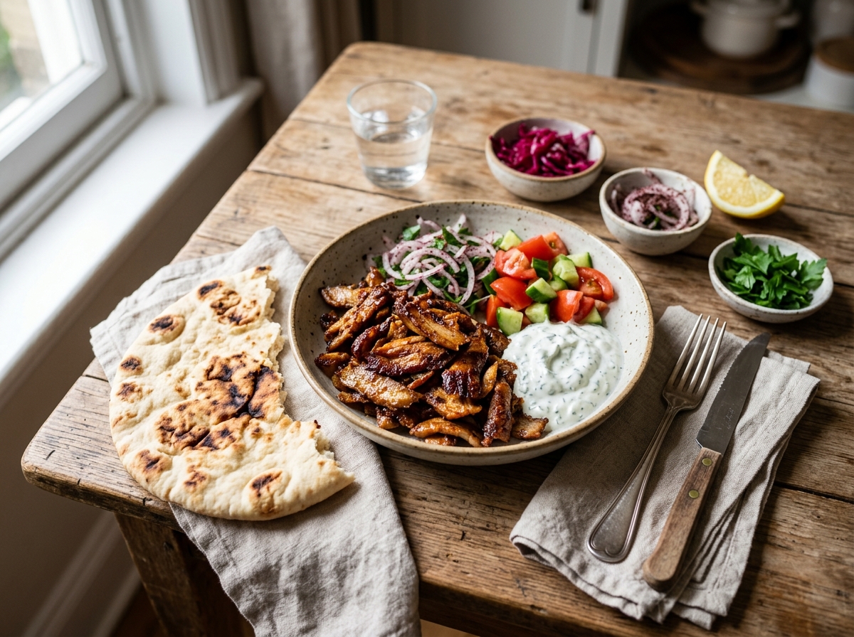 Thinly sliced doner kebab meat piled inside warm pita bread.