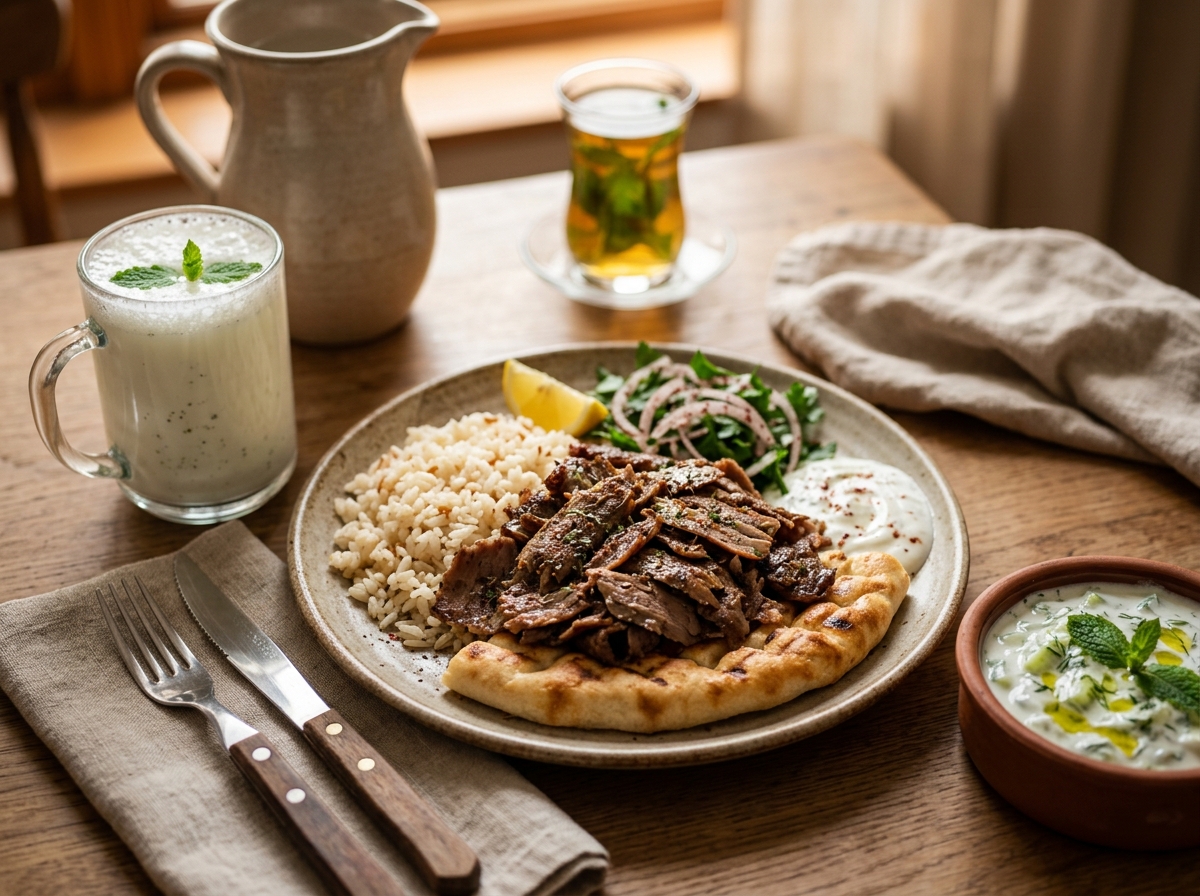 Doner kebab platter with pita, sliced onions, and tomato wedges.