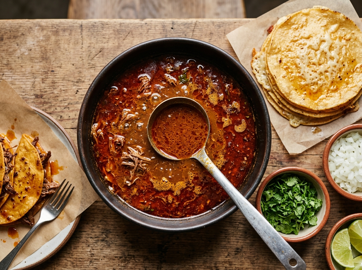Crispy birria tacos stacked beside a bowl of consomé for dipping