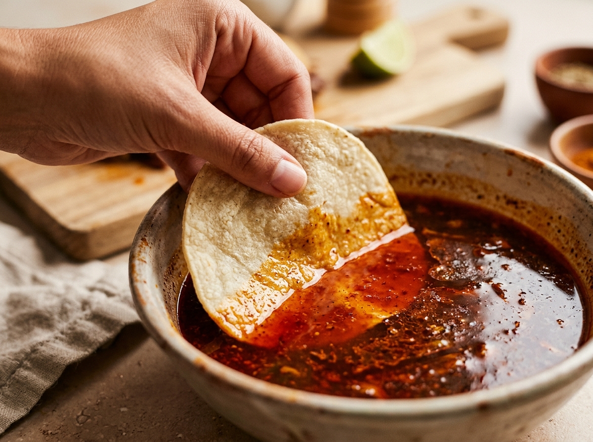 Tortilla being dipped in reserved birria fat before frying