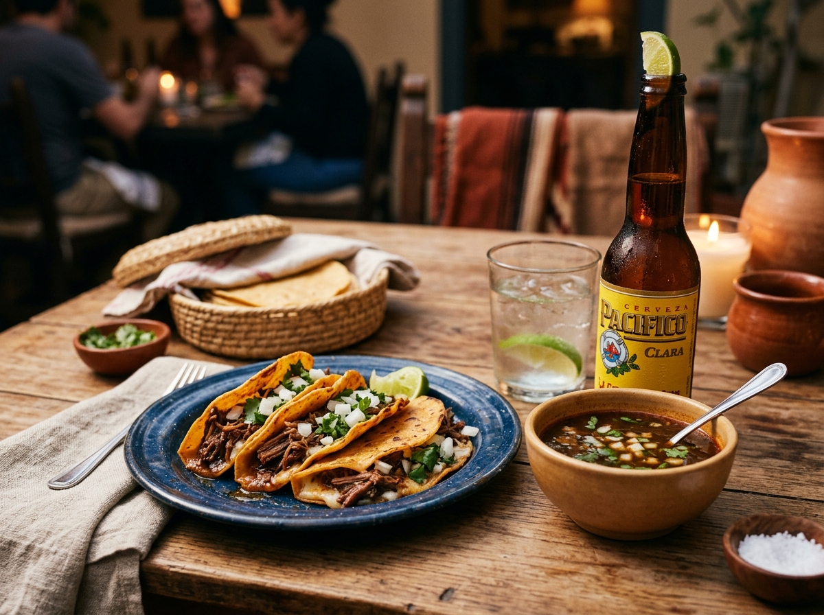 Overhead shot of tacos, consomé bowls, lime wedges, and toppings