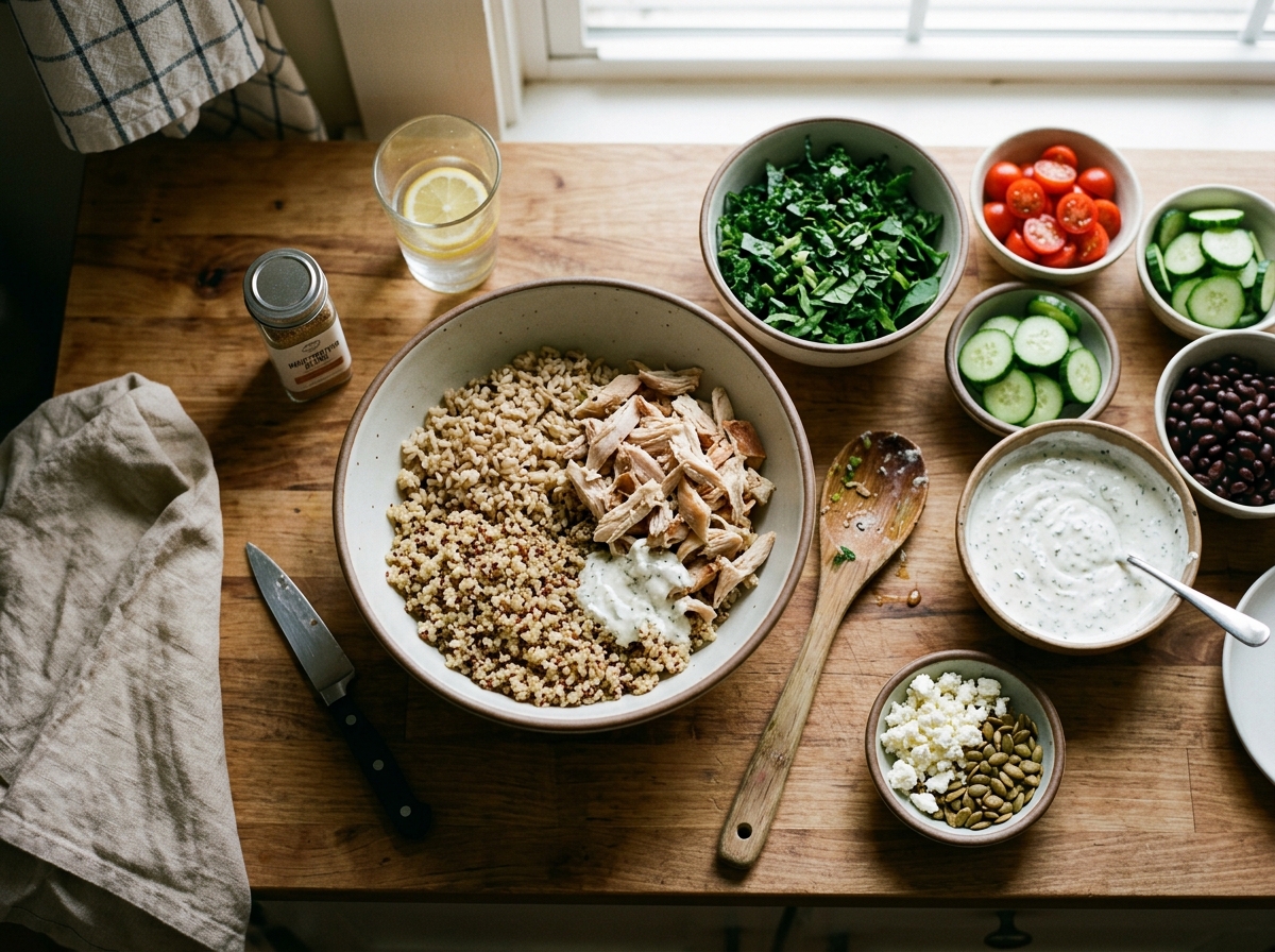 Close-up of a layered protein bowl with shredded vegetables and cheese