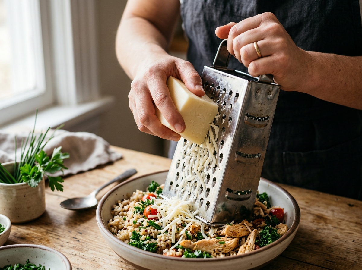 Rotary cheese grater shredding carrots into thin ribbons