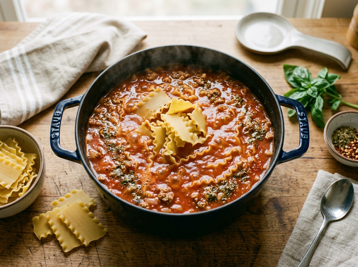 A steaming bowl of lasagna soup topped with ricotta and basil