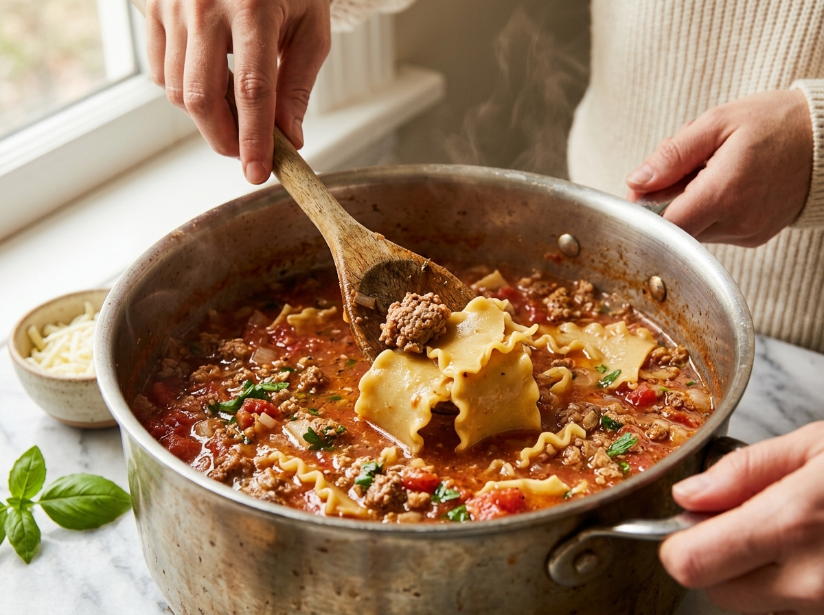Ground beef and tomato paste simmering in a Dutch oven