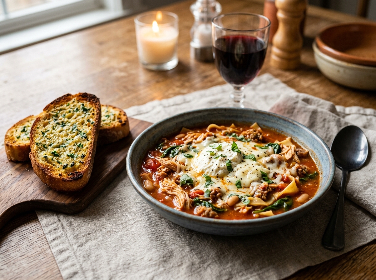 Lasagna soup served with garlic bread and a side salad