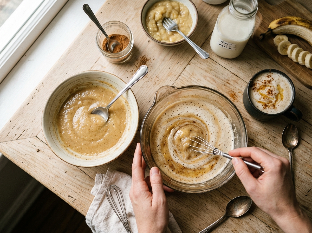 A latte topped with cinnamon and banana bread syrup drizzle.