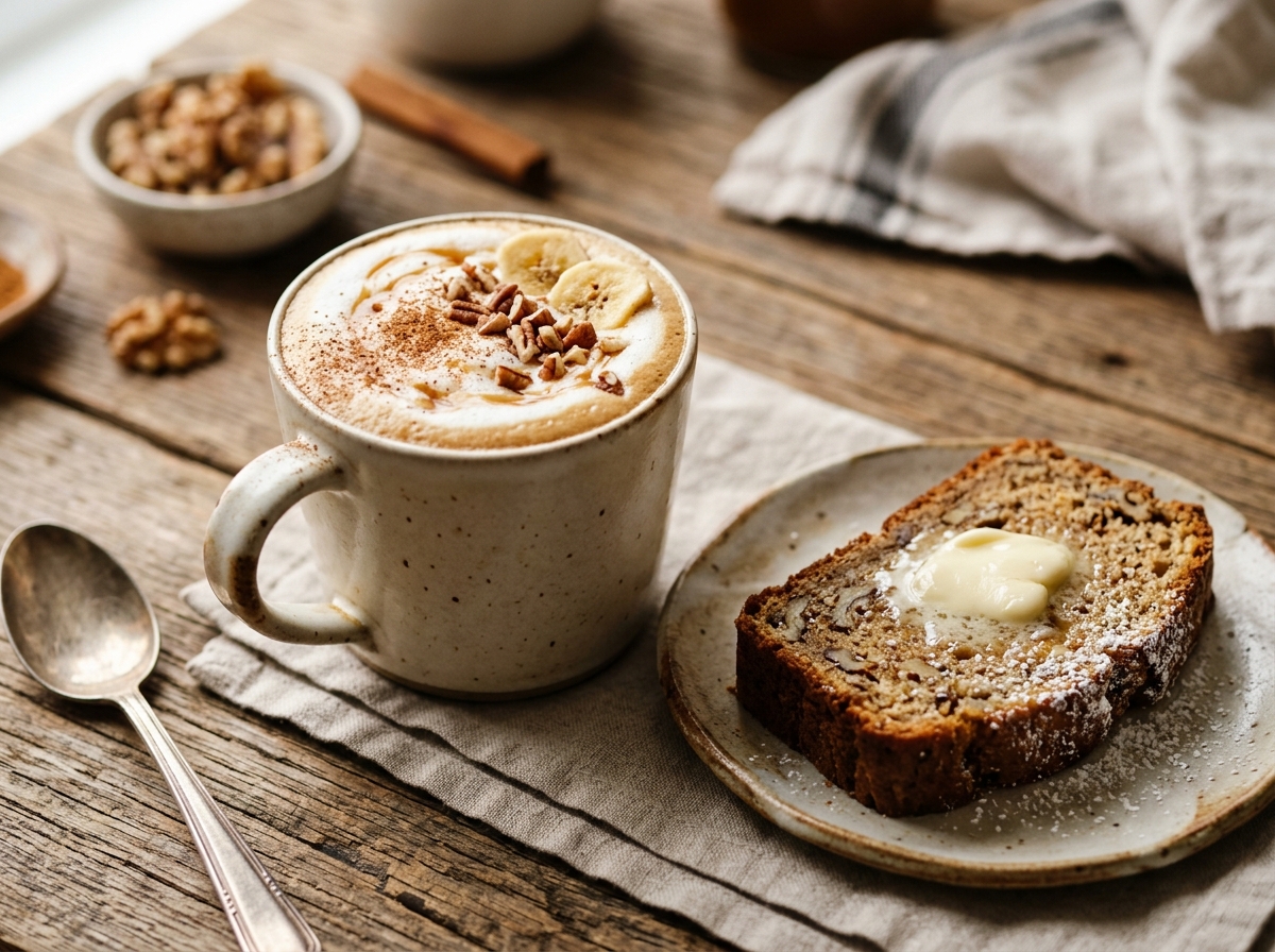 An iced banana bread latte garnished with cinnamon on top.