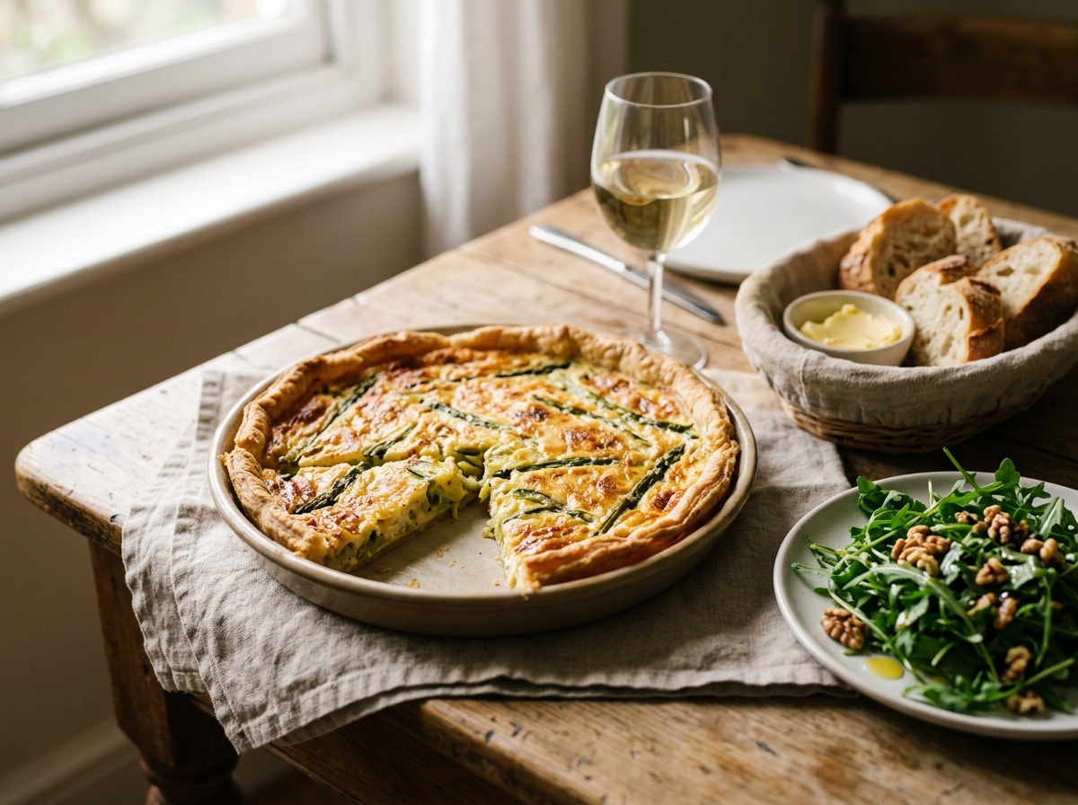 Sliced flamiche served alongside a dressed green salad.