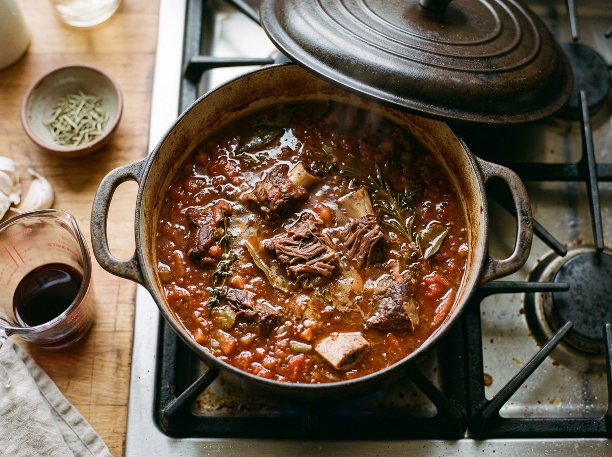 Bone-in short ribs browning in a heavy Dutch oven.