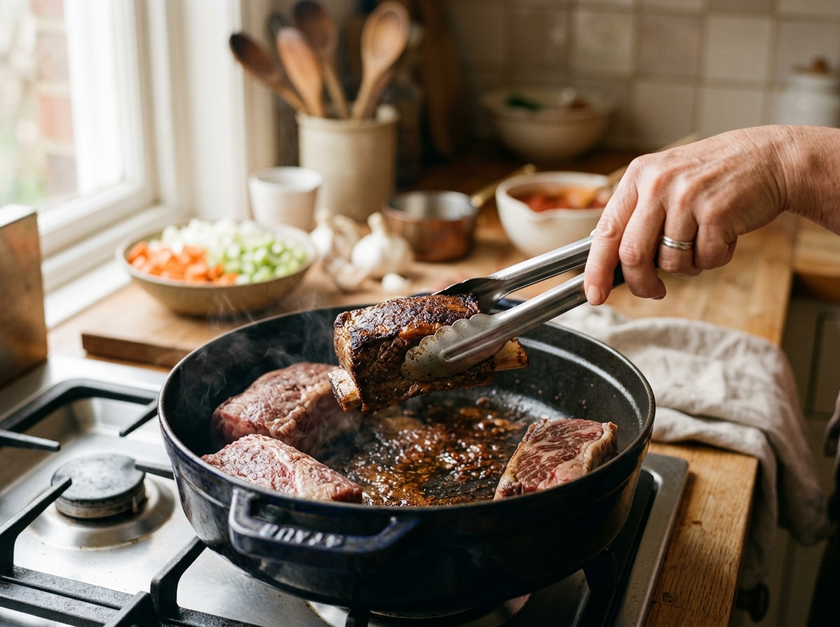 Shredded short rib meat being folded back into the simmering sauce.