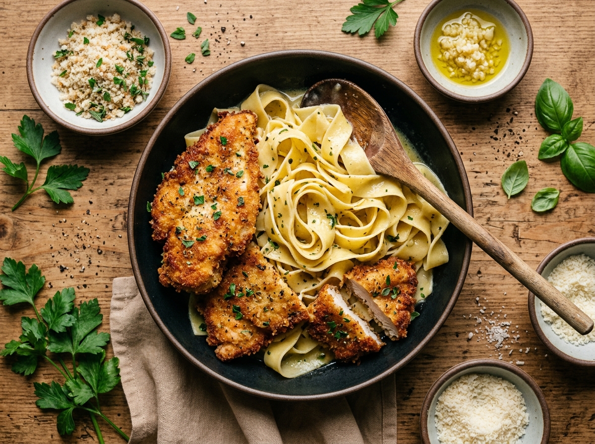 Golden breaded chicken cutlets resting beside a pile of ribboned pappardelle.