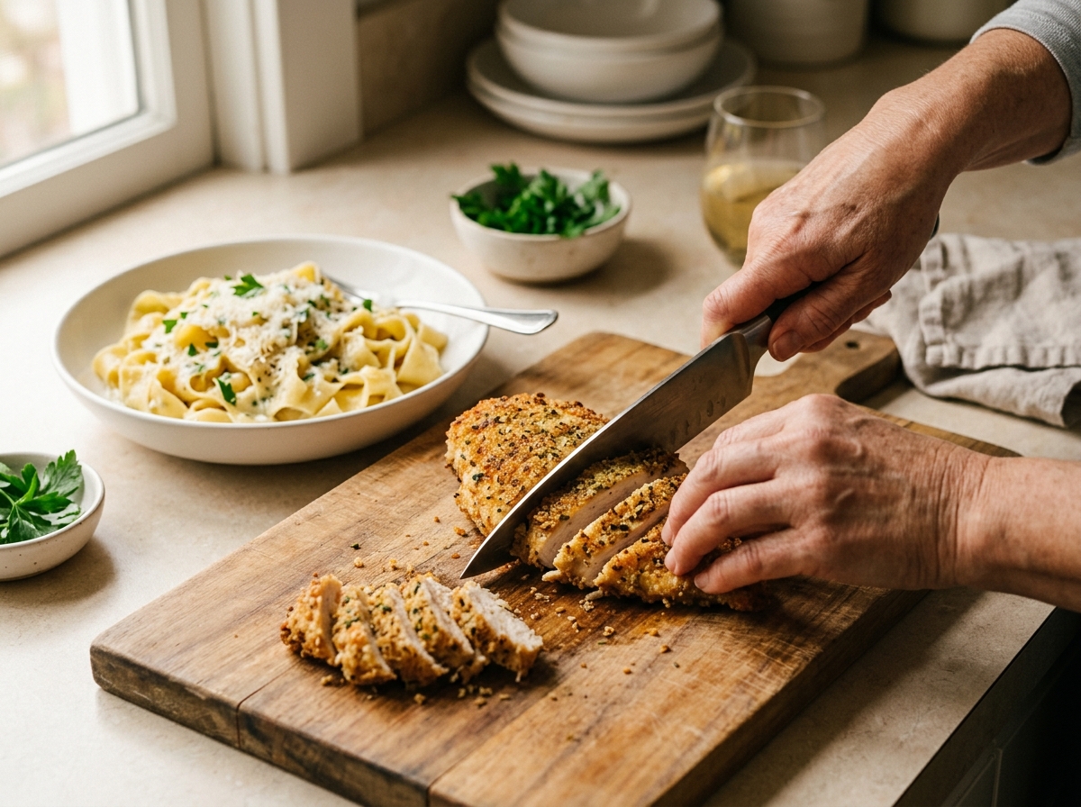 Chicken cutlet frying in olive oil until deeply golden brown.