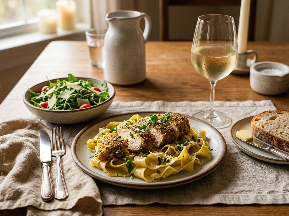 Plated pappardelle tossed with sliced chicken and shaved Parmigiano.
