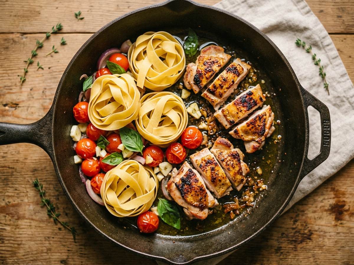 Creamy pappardelle topped with sliced seared chicken in a skillet.
