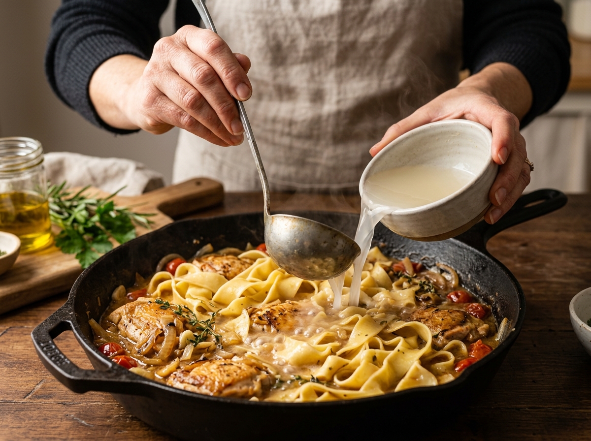 Close-up of chicken searing golden brown in a buttered skillet.