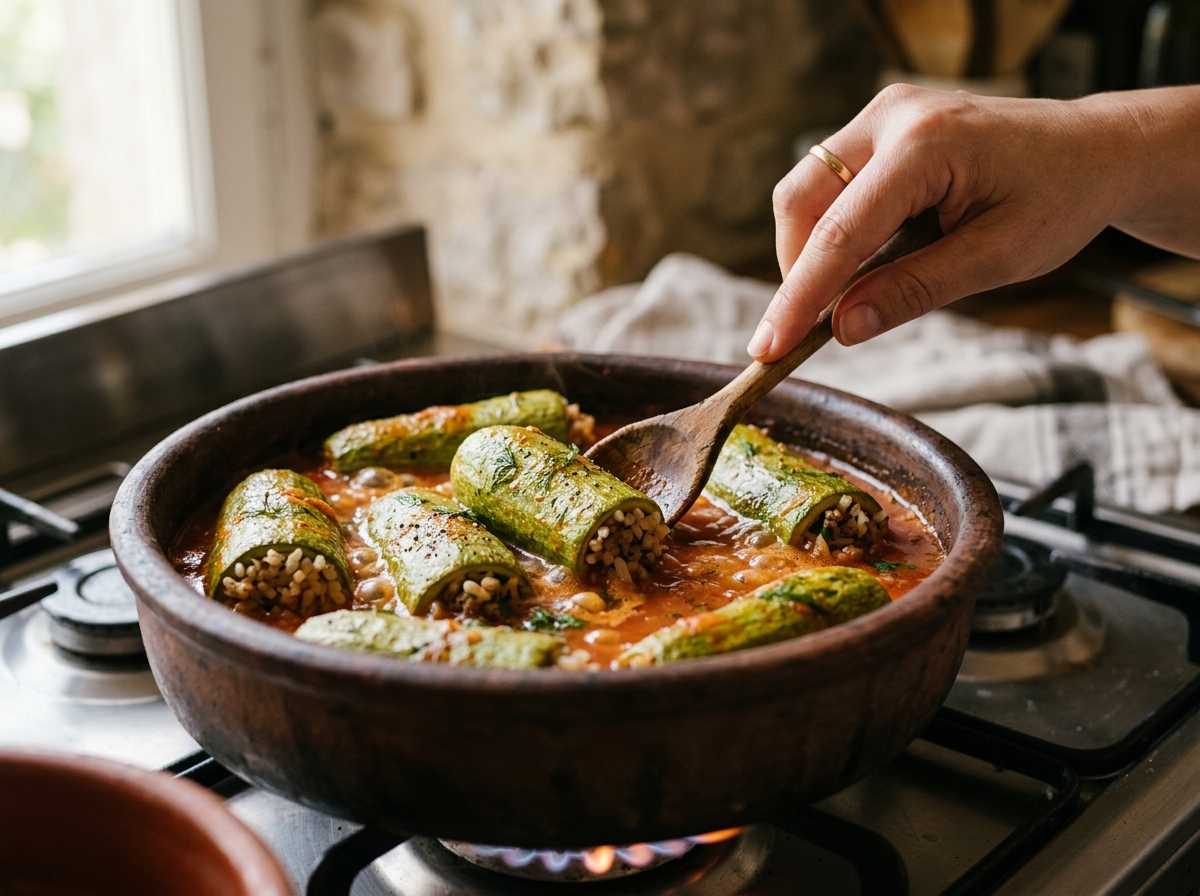 Stuffed zucchini simmering gently in tomato sauce.