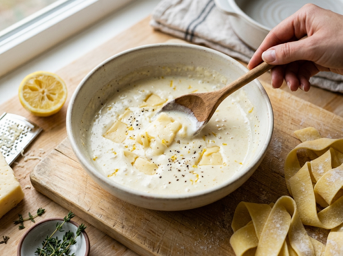 Wide pappardelle ribbons coated in glossy lemon cream sauce.