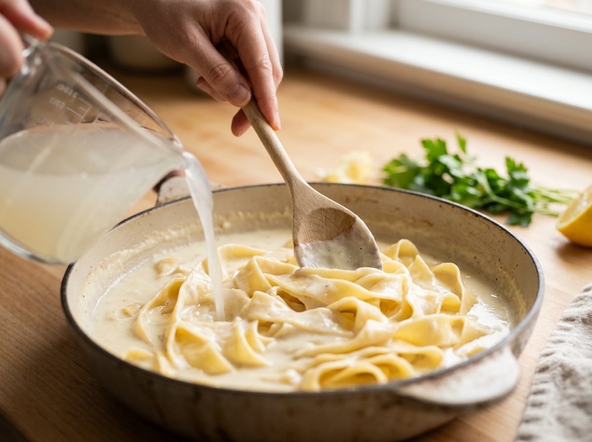Grating aged Havarti cheese into a simmering cream sauce.