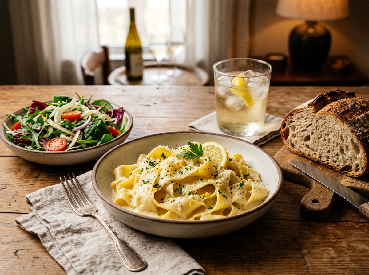 Finished pappardelle plated with lemon slices and fresh herbs.