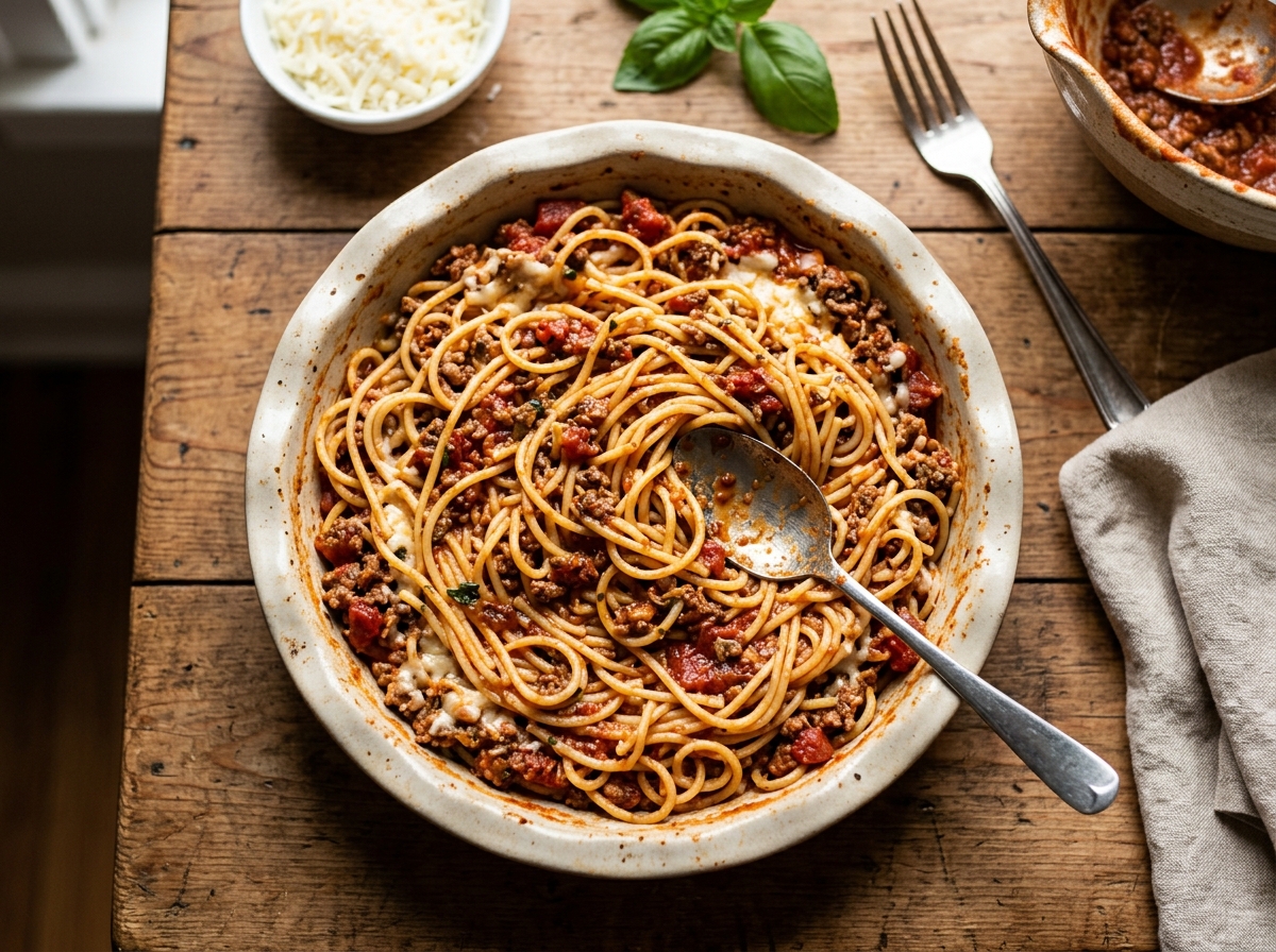 A golden slice of spaghetti pie revealing layered noodles and sauce.