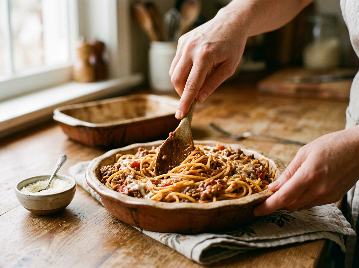 Pressing spaghetti mixture evenly into a deep-dish pie pan.