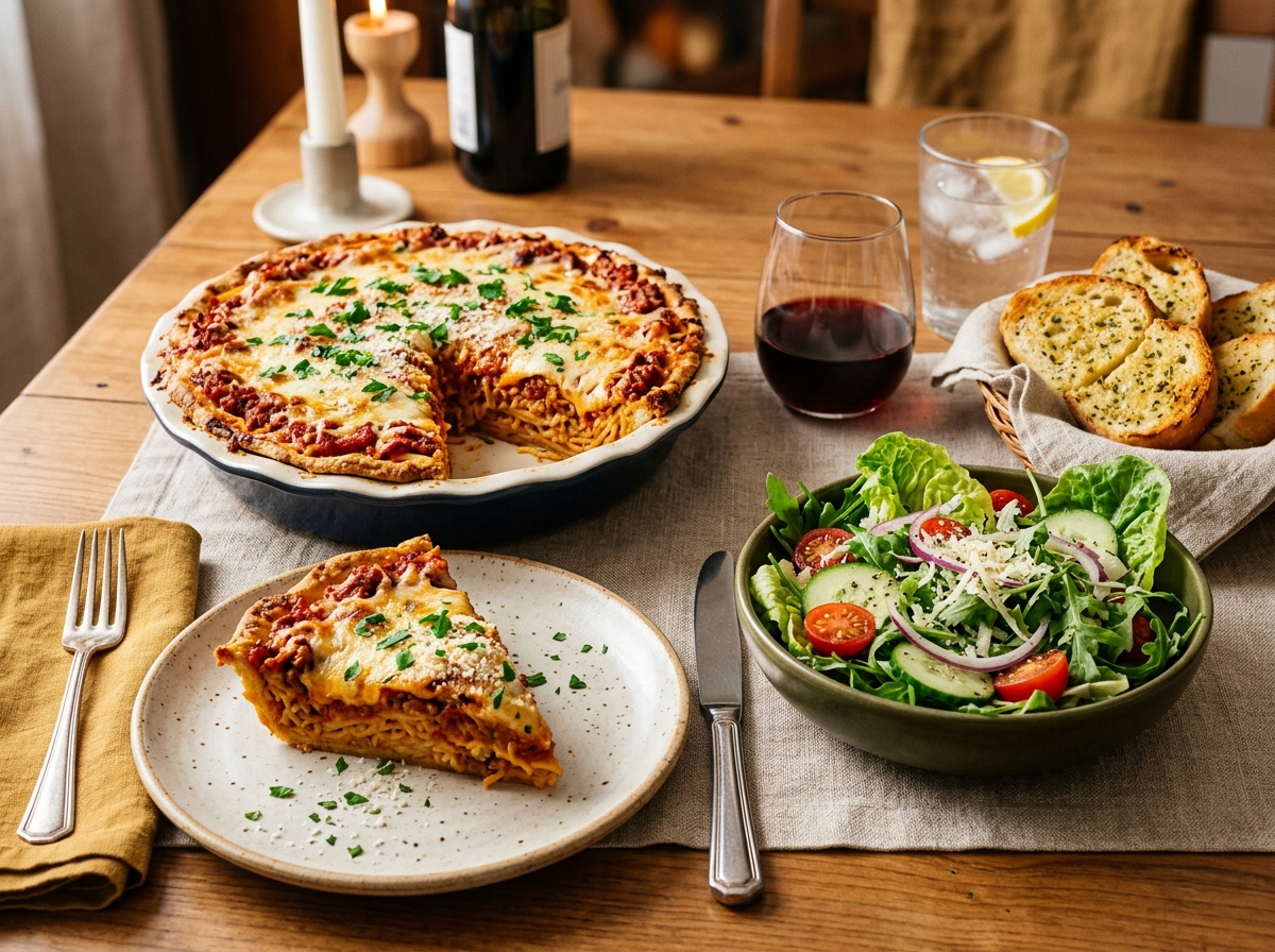 A slice of spaghetti pie served with a side salad.