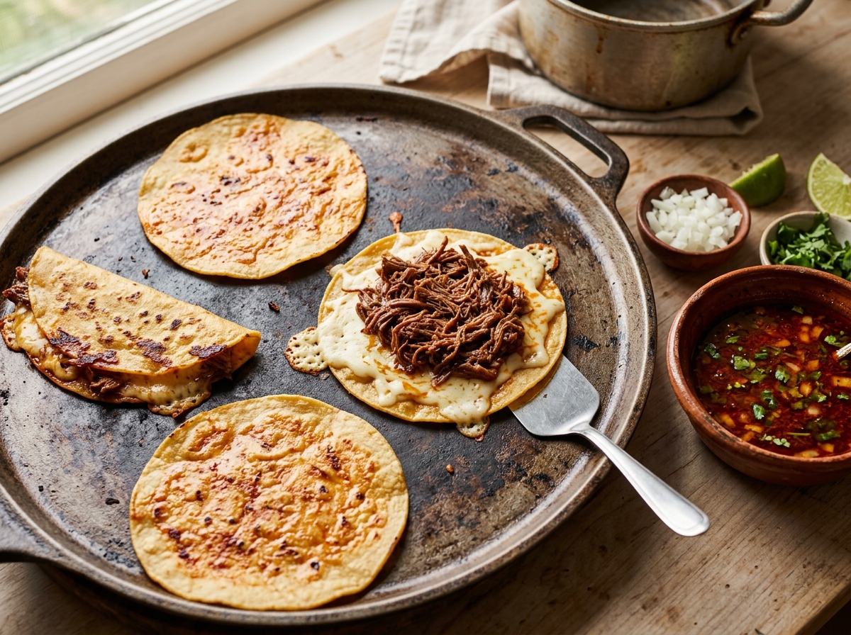 Golden, crispy birria tacos stacked and ready to dip.