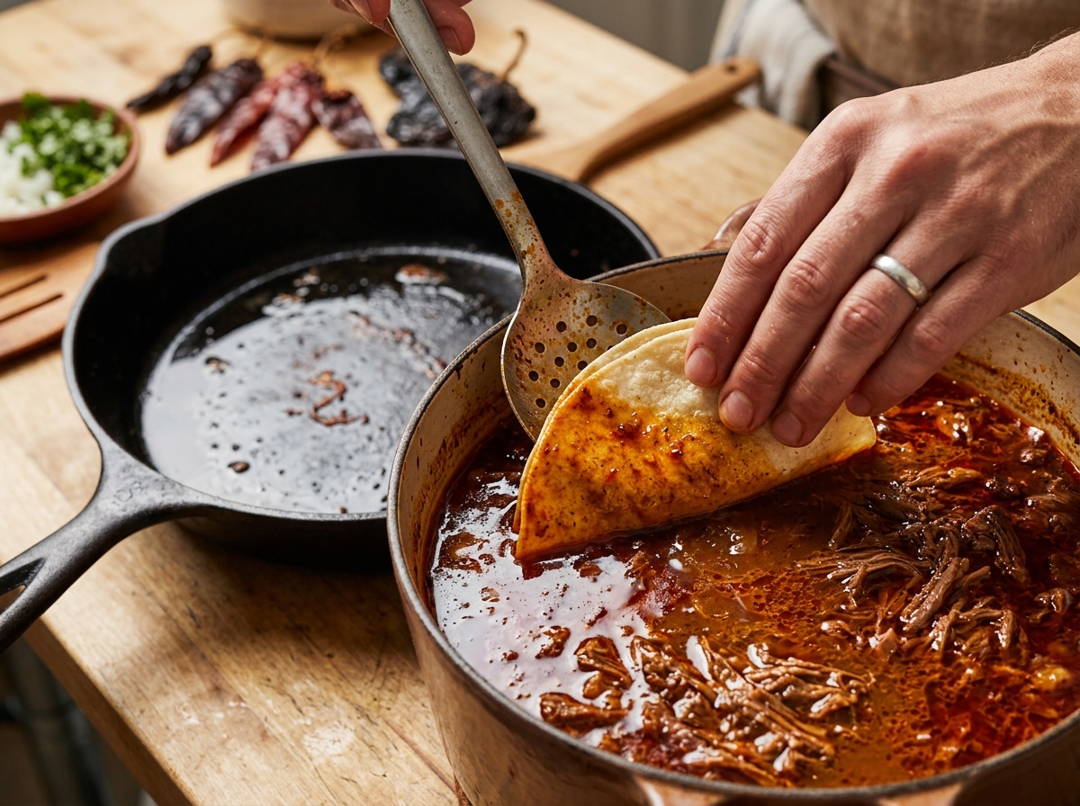 Dipping a tortilla into the reserved birria fat before frying.