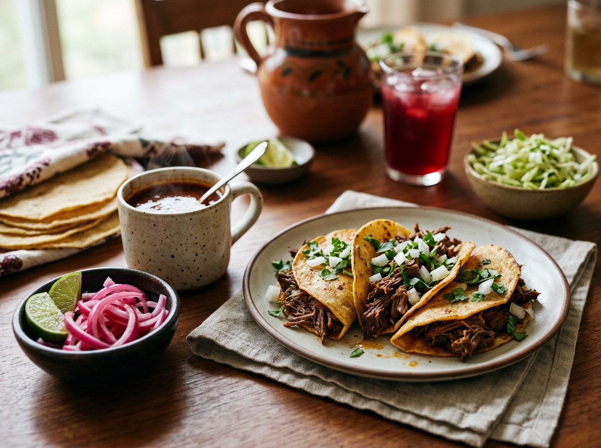 A birria taco being dipped into a bowl of consomé.