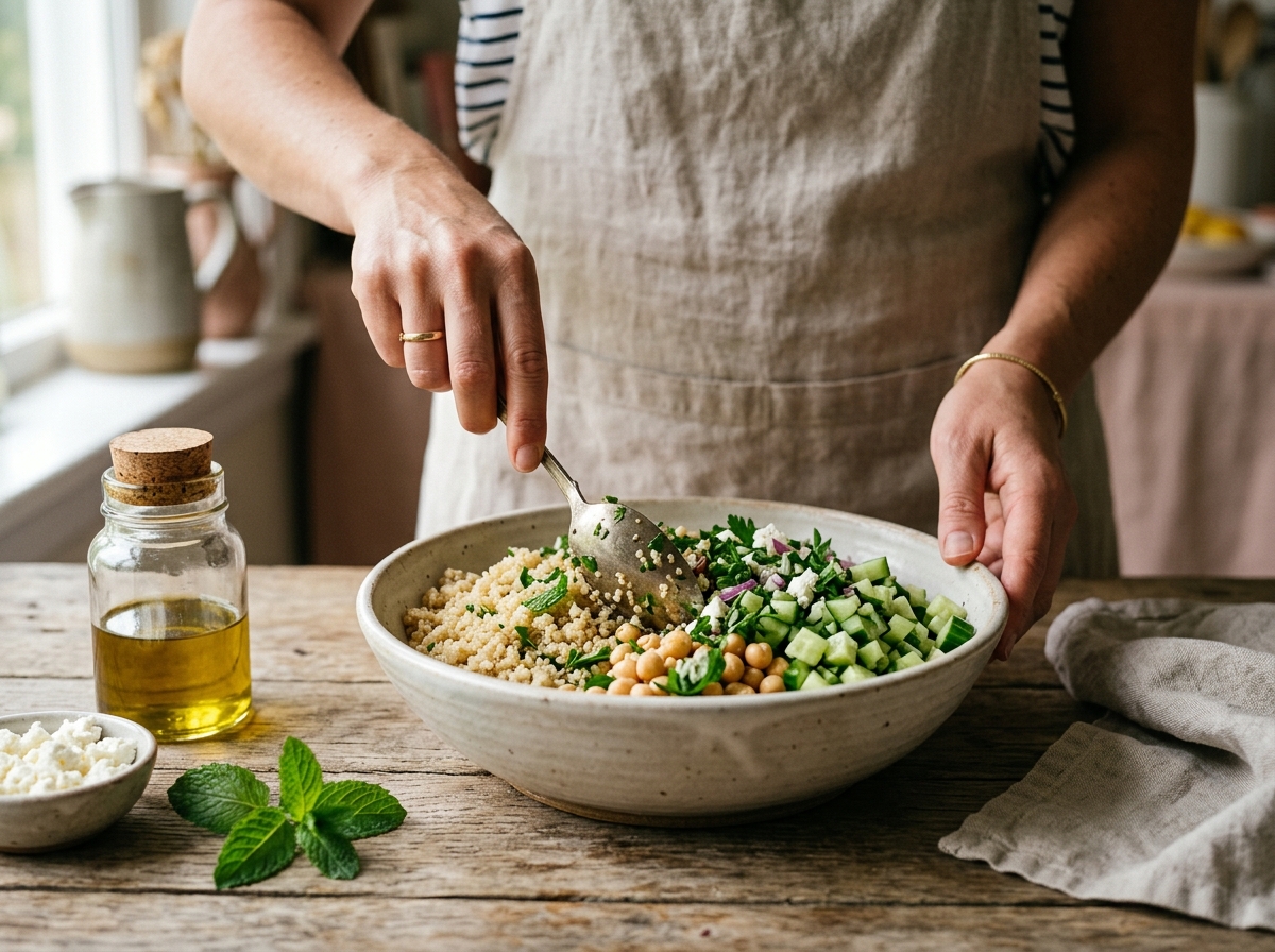 Close-up of hands whisking the lemon vinaigrette in a small bowl.