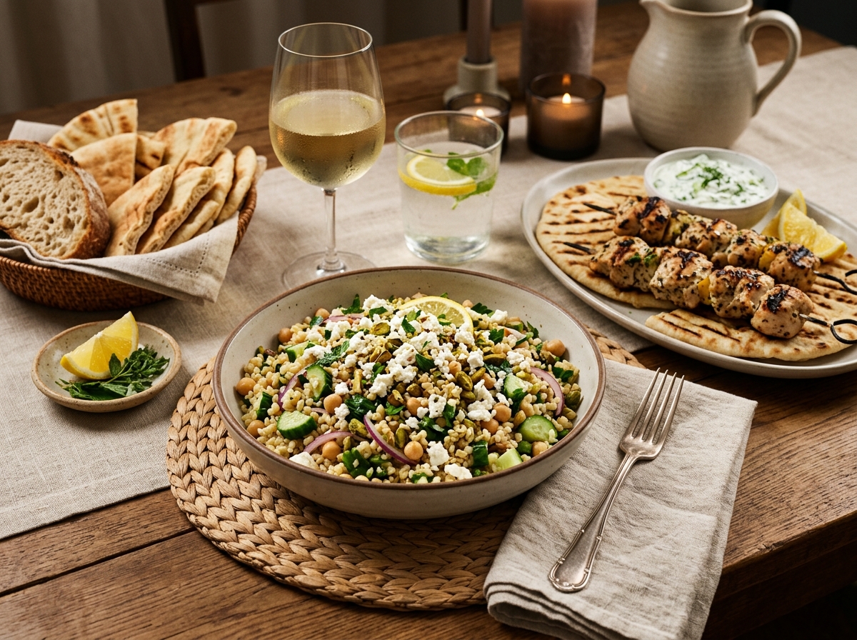 Salad served in a bowl alongside grilled chicken and warm pita.