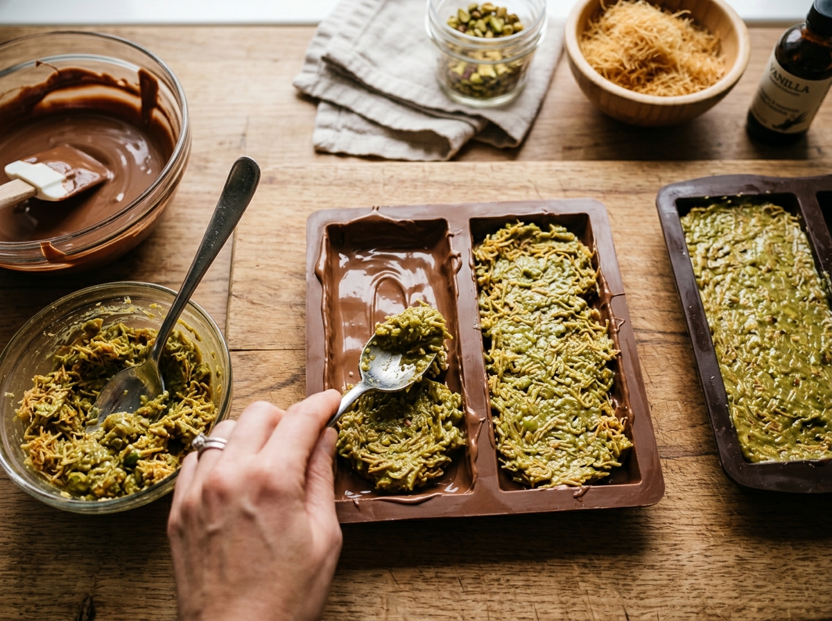 A cracked open Dubai chocolate bar revealing its golden kunafa filling.