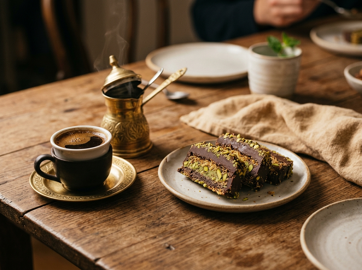 Sliced chocolate bars served with coffee and fresh dates.