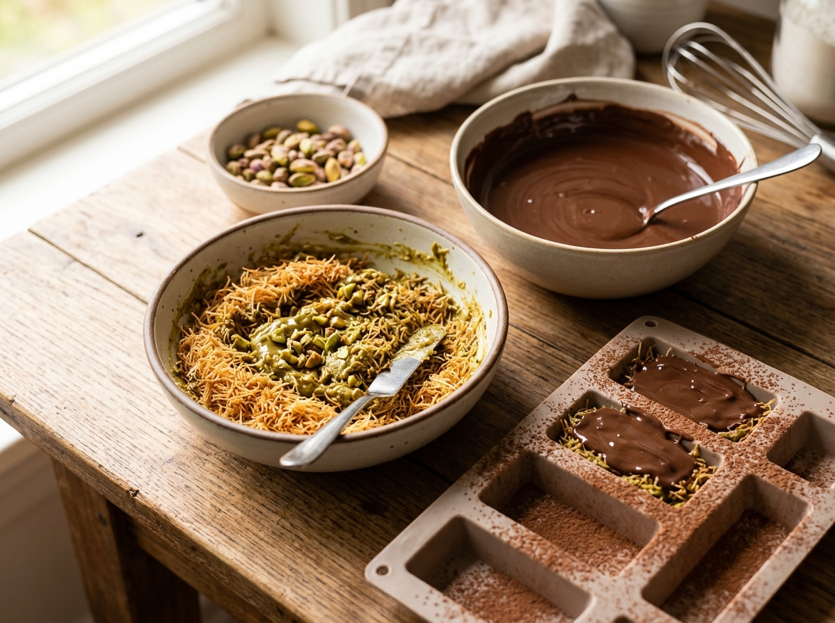 Close-up of a cracked-open chocolate cup revealing pistachio kunafa filling.