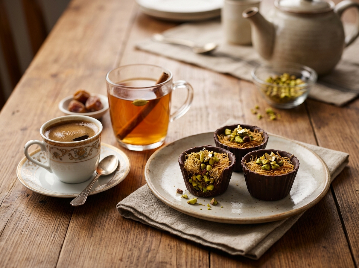 Finished chocolate cups arranged on a serving platter with pistachios.