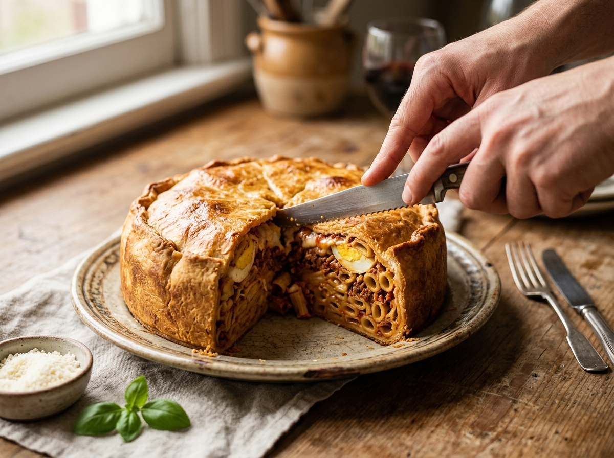 Hands pinching pastry edges together to seal the timpano.