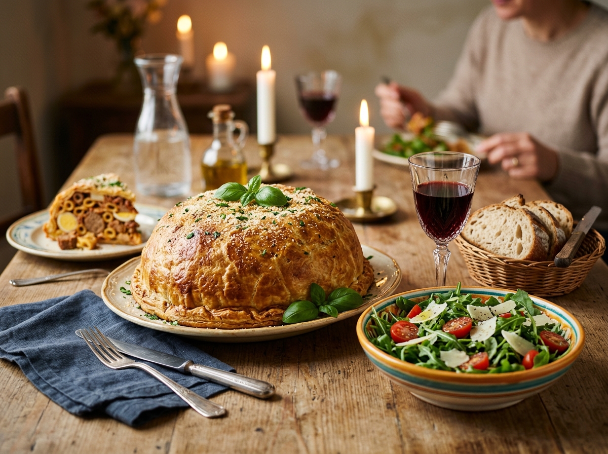 A sliced wedge of timpano showing layered pasta, meat, and cheese.