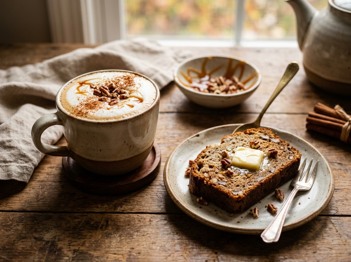 Iced banana bread latte served with a slice of banana bread.
