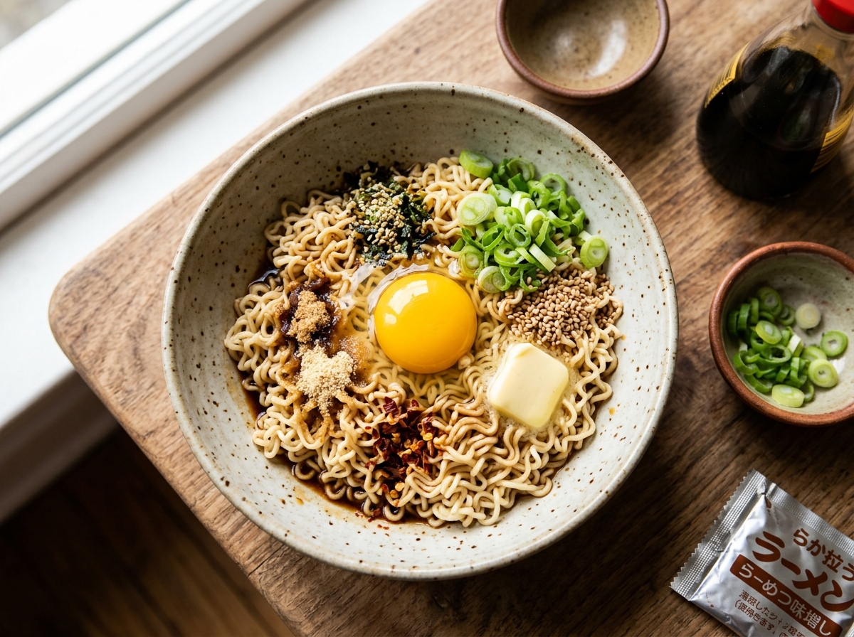 Steaming bowl of upgraded ramen with jammy egg and greens.