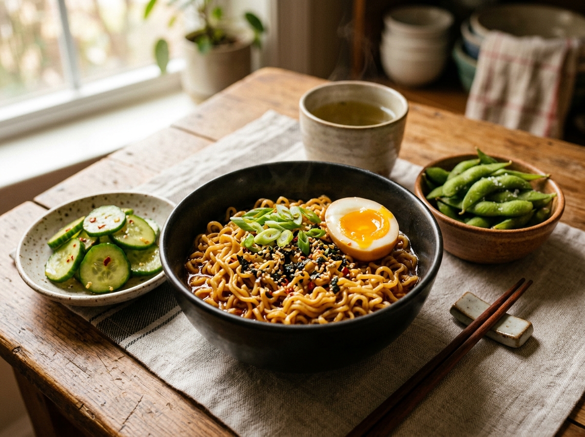 Bowl plated with green onions and sesame seeds on top.